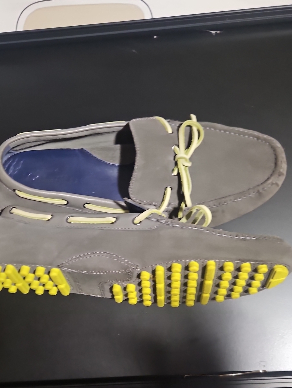 Men's Grey Suede Driving Moccasins with Yellow Accents